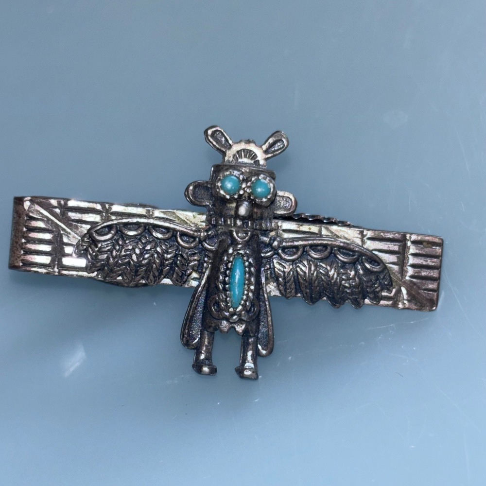 Mens OS Kachina Silver Turquoise Thunderbird Tie Clip Southwestern Tribal